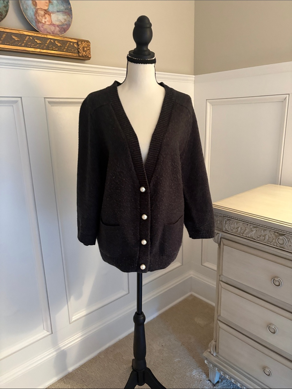 CAbi Gray V-Neck Pearl Button Cardigan